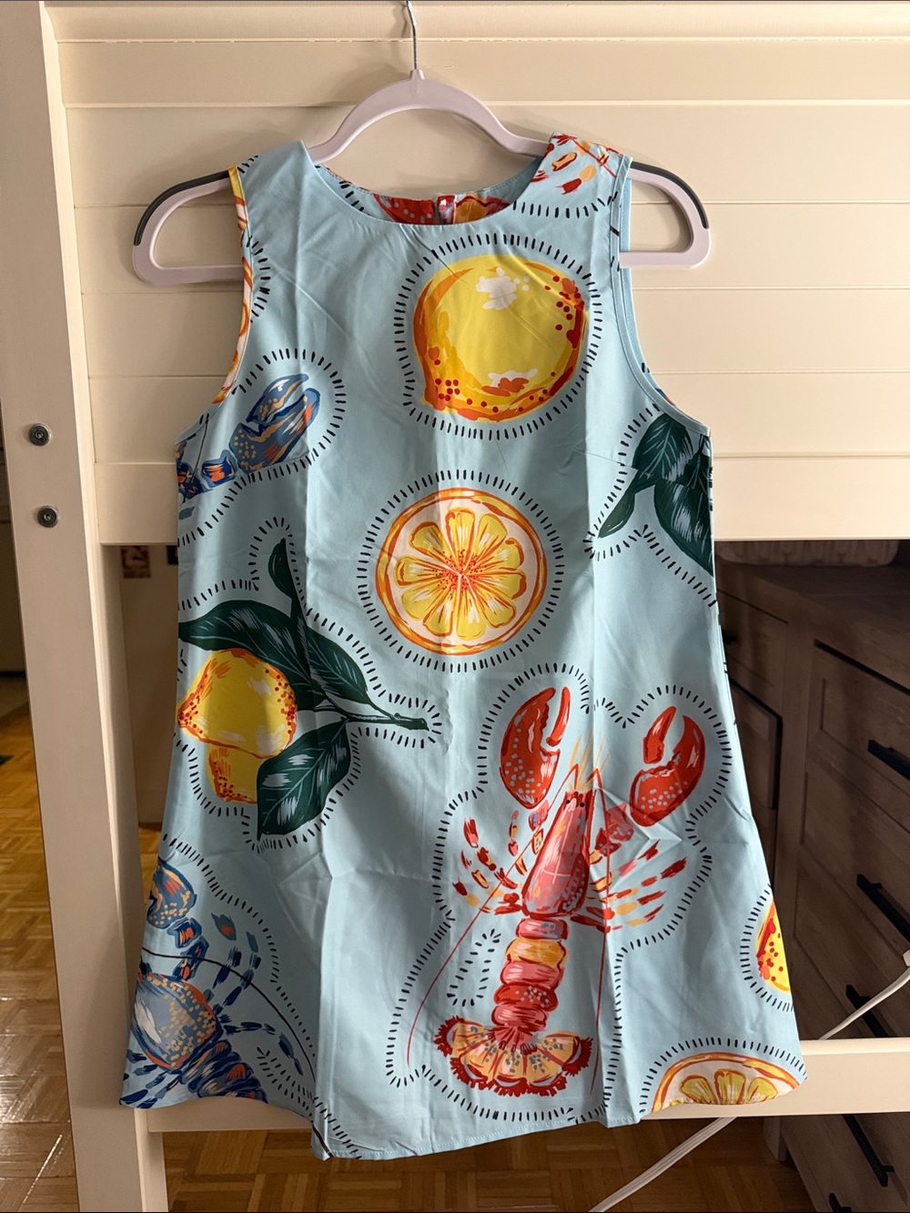 Sleeveless Sea Life Print Shift Dress in Light Blue with Citrus Accents